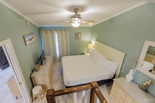 bedroom featuring ceiling fan, light tile patterned flooring, and crown molding