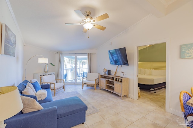 living room featuring ceiling fan, light tile patterned floors, ornamental molding, and vaulted ceiling with beams