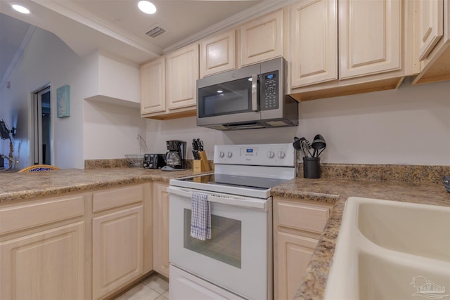 kitchen with light tile patterned floors, white range with electric stovetop, ornamental molding, and sink