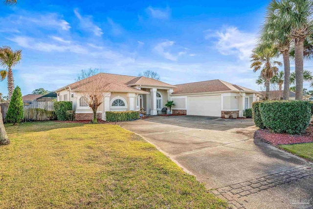 mediterranean / spanish house with a garage, driveway, fence, a front lawn, and stucco siding