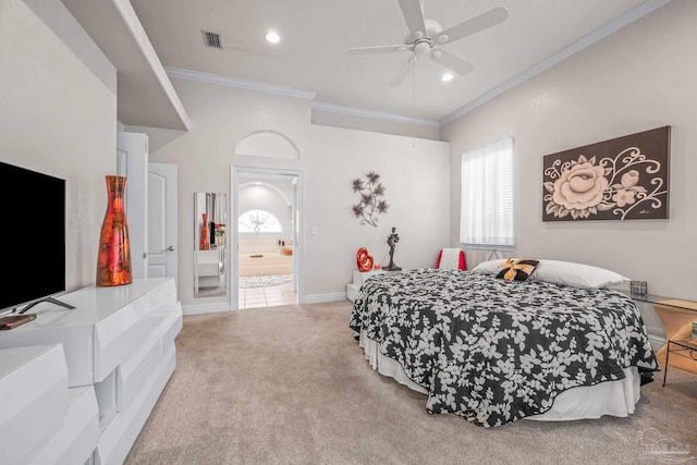 carpeted bedroom with baseboards, visible vents, ceiling fan, ornamental molding, and recessed lighting