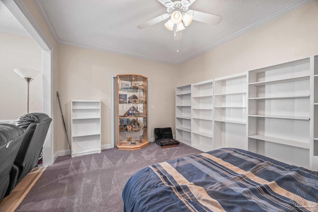 bedroom featuring carpet, crown molding, and a textured ceiling