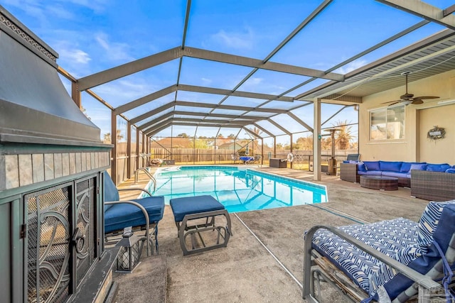 view of pool featuring ceiling fan, a patio, a fenced backyard, an outdoor living space, and a fenced in pool