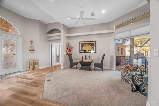 sitting room with visible vents, baseboards, a ceiling fan, wood finished floors, and recessed lighting