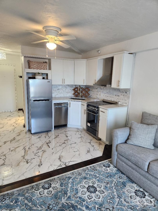 kitchen with ceiling fan, sink, stainless steel appliances, wall chimney range hood, and white cabinets