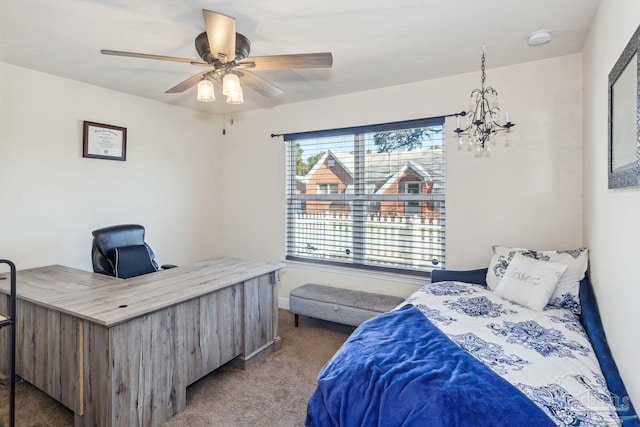 bedroom with light carpet and ceiling fan with notable chandelier