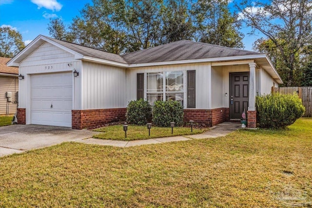 ranch-style house with a front yard and a garage