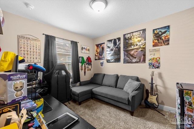 carpeted living room with a textured ceiling