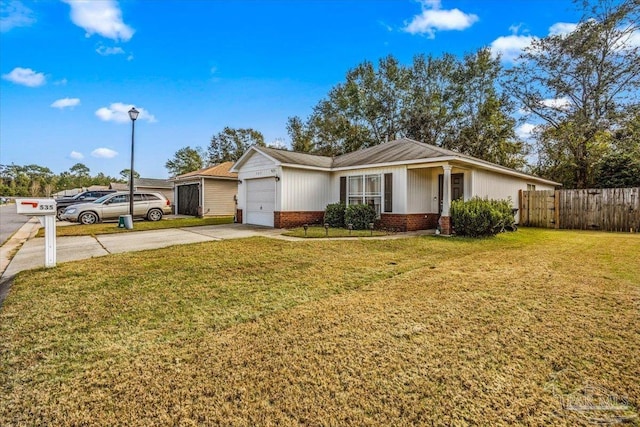 single story home featuring a garage and a front lawn