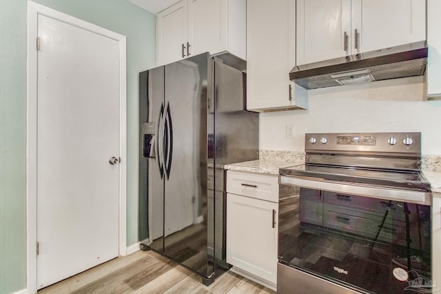 kitchen featuring light wood-type flooring, refrigerator with ice dispenser, under cabinet range hood, stainless steel electric range, and white cabinets