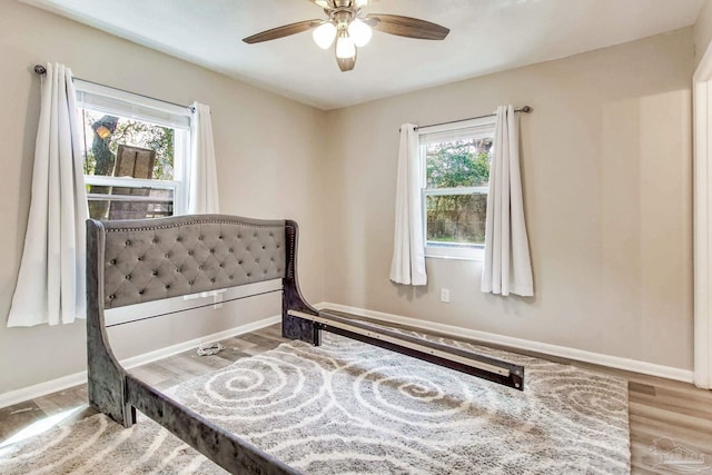 bedroom with multiple windows, wood finished floors, and baseboards