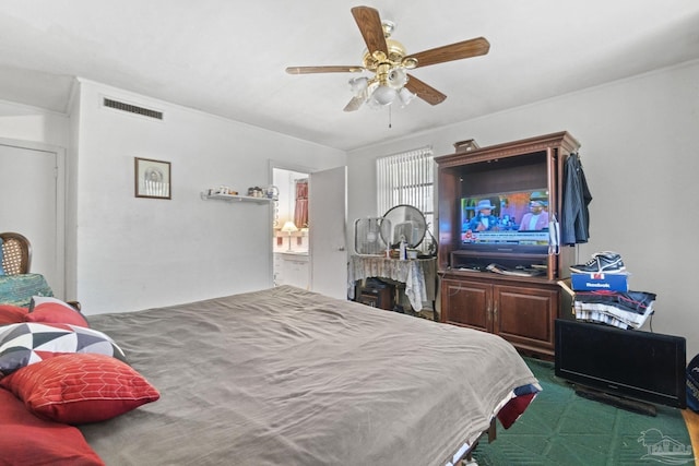 carpeted bedroom with ceiling fan