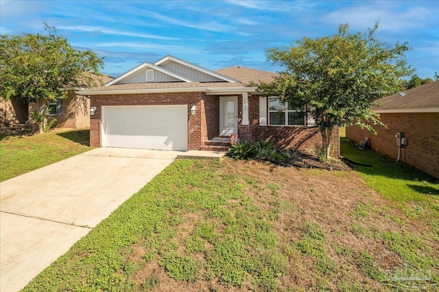 ranch-style home featuring a garage and a front lawn