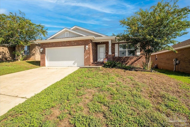 single story home with a garage and a front lawn