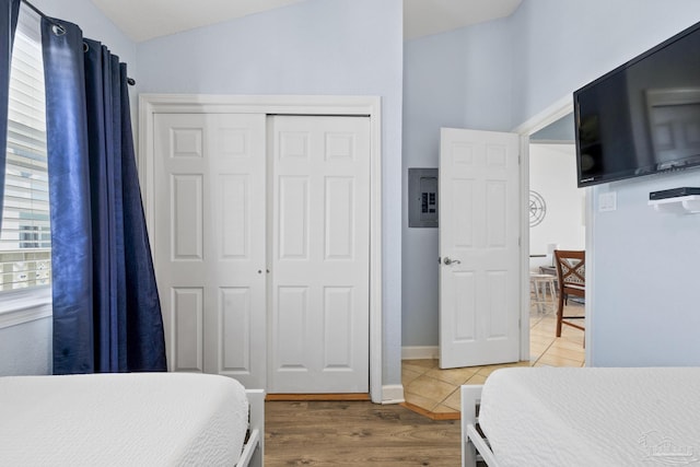 bedroom featuring lofted ceiling, hardwood / wood-style floors, and a closet