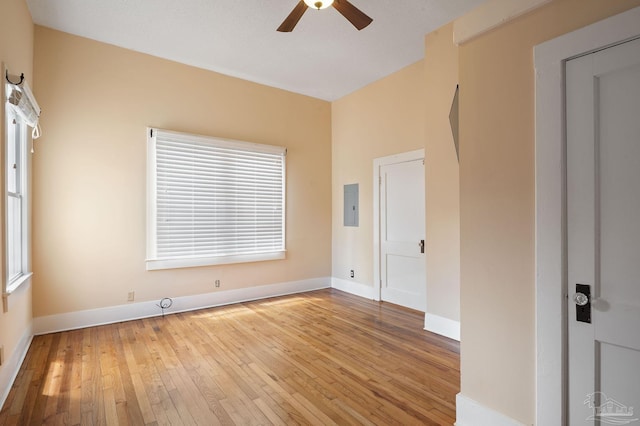 empty room featuring electric panel, ceiling fan, and light hardwood / wood-style flooring