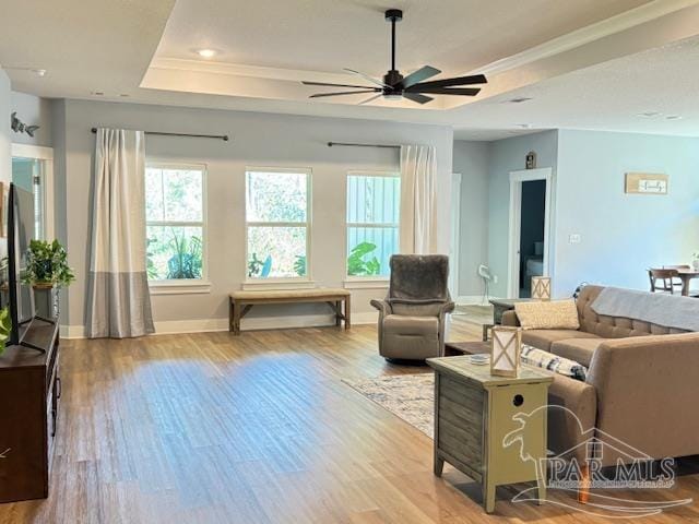 living room with a raised ceiling, ceiling fan, and light hardwood / wood-style flooring