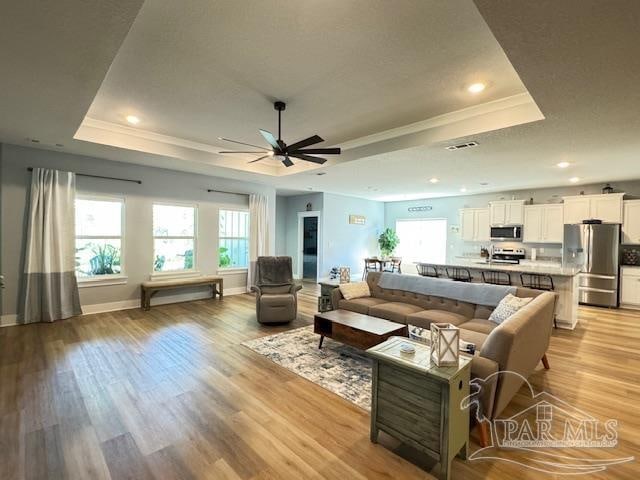 living room featuring light hardwood / wood-style floors, a raised ceiling, and ceiling fan