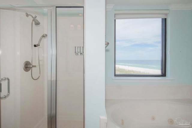 bathroom featuring a water view, crown molding, and plus walk in shower