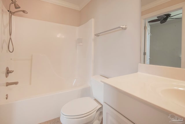 full bathroom with toilet, crown molding, vanity, bathtub / shower combination, and ceiling fan