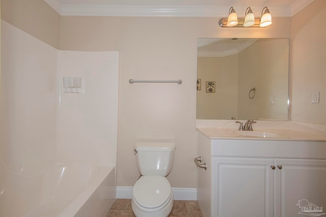 bathroom with tile patterned floors, toilet, ornamental molding, and vanity