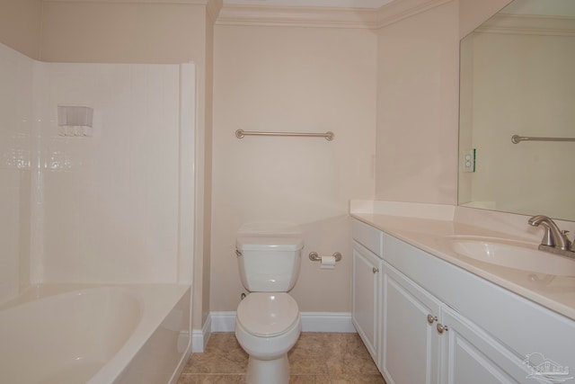 full bathroom featuring vanity, toilet, ornamental molding, tile patterned floors, and washtub / shower combination