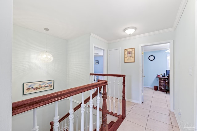 1650 Bulevar Menor, Pensacola Beach, FL 32561 - corridor with baseboards, an upstairs landing, ornamental molding, and light tile patterned floors