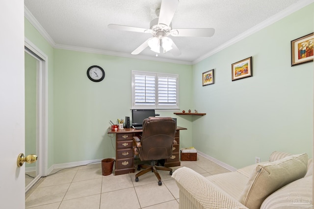1650 Bulevar Menor, Pensacola Beach, FL 32561 - tiled office featuring ornamental molding, a textured ceiling, and a ceiling fan