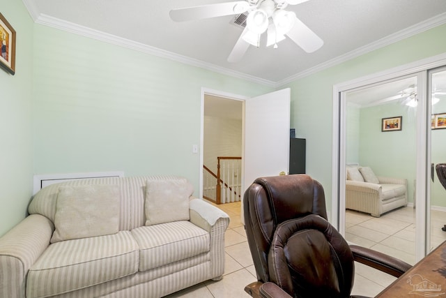 1650 Bulevar Menor, Pensacola Beach, FL 32561 - living room with light tile patterned flooring, ceiling fan, visible vents, and ornamental molding