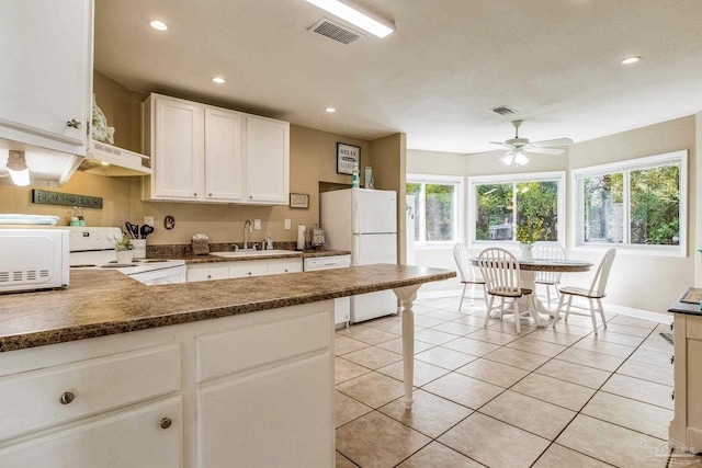 kitchen with extractor fan, sink, white cabinetry, white appliances, and ceiling fan