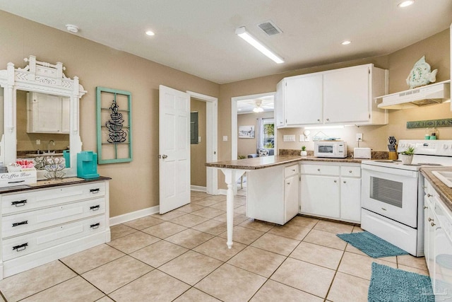 kitchen with white cabinets, kitchen peninsula, and white appliances