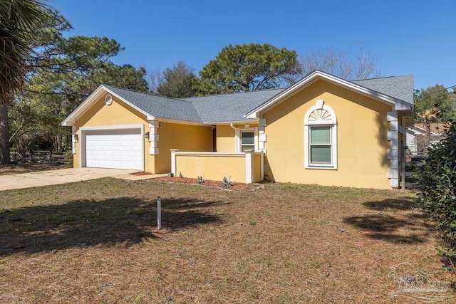 ranch-style house featuring stucco siding, an attached garage, concrete driveway, and fence