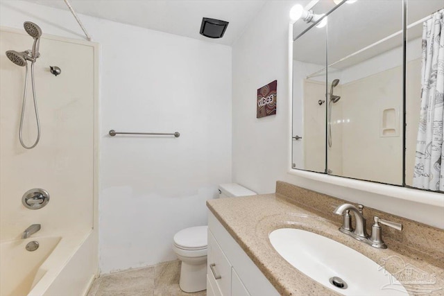 full bathroom with vanity, toilet, and shower / tub combo with curtain