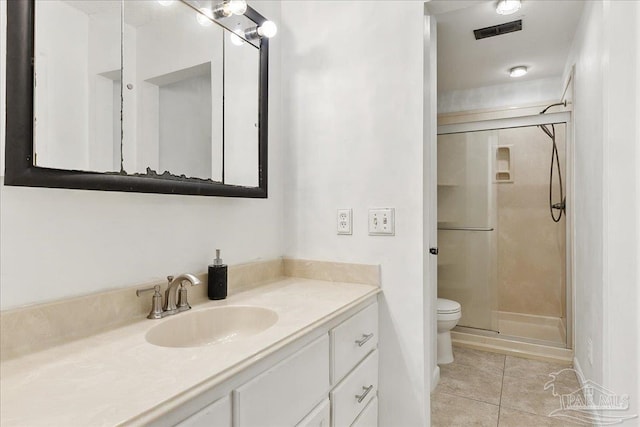 bathroom featuring visible vents, toilet, a shower stall, tile patterned flooring, and vanity