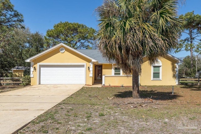 view of front of property featuring stucco siding, concrete driveway, and an attached garage