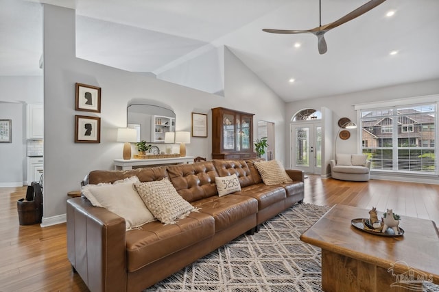 1333 Dubose Rd, Gulf Breeze, FL 32563 - living area with wood finished floors, ceiling fan, high vaulted ceiling, recessed lighting, and baseboards