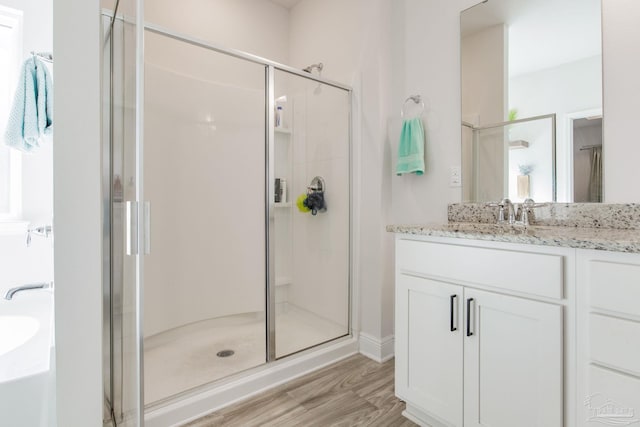 bathroom featuring wood-type flooring, vanity, and a shower with shower door