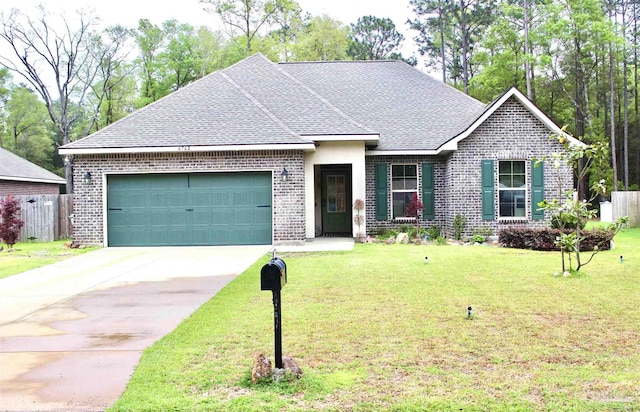 6762 Driftwood Ave, Milton, FL 32570 - ranch-style home featuring a garage, brick siding, a front lawn, driveway, and a shingled roof