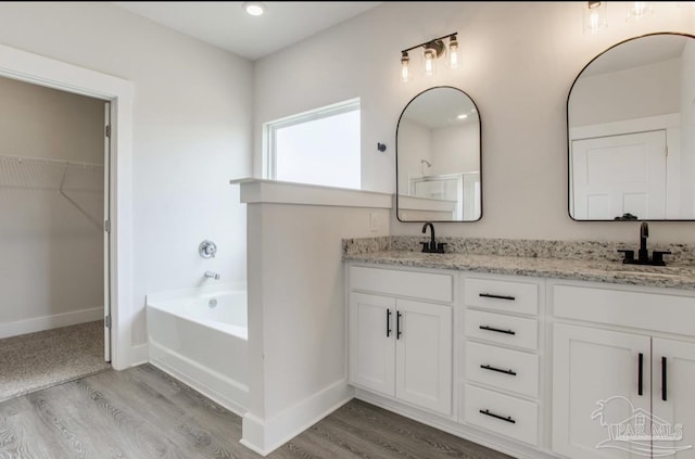 bathroom featuring double vanity, a sink, a walk in closet, and wood finished floors
