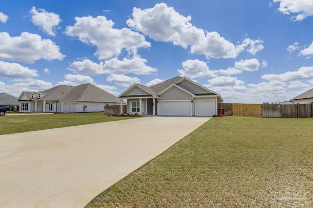 ranch-style house with driveway, an attached garage, fence, and a front yard