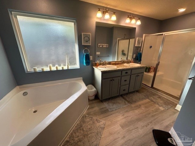 bathroom featuring vanity, plus walk in shower, a healthy amount of sunlight, and a textured ceiling