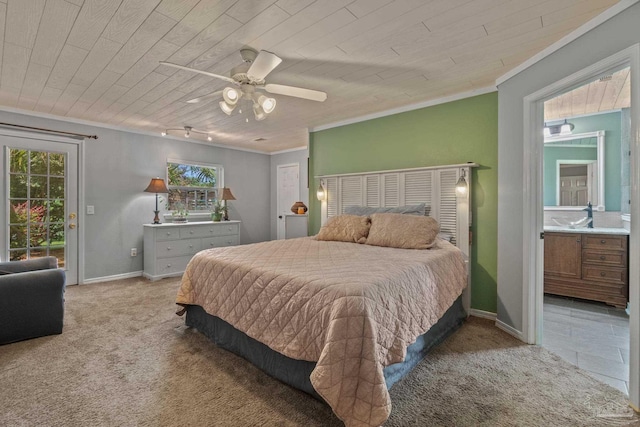 1265 Grand Ridge Cir, Gulf Breeze, FL 32563 - bedroom featuring ornamental molding, access to exterior, carpet, wooden ceiling, and baseboards