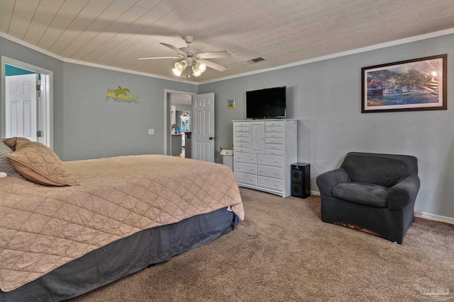 1265 Grand Ridge Cir, Gulf Breeze, FL 32563 - bedroom with crown molding, carpet floors, a ceiling fan, wooden ceiling, and baseboards