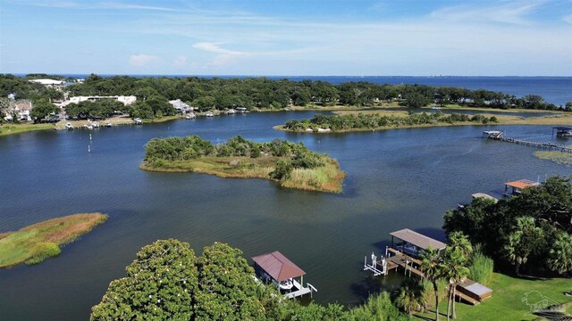 aerial view featuring a water view