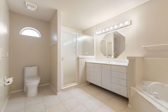 full bathroom featuring tile patterned flooring, vanity, independent shower and bath, and toilet