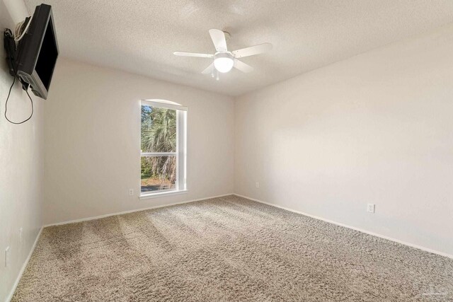 spare room with carpet flooring, ceiling fan, and a textured ceiling