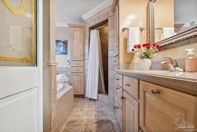 bathroom featuring a shower with shower curtain, crown molding, stone tile floors, vanity, and a garden tub