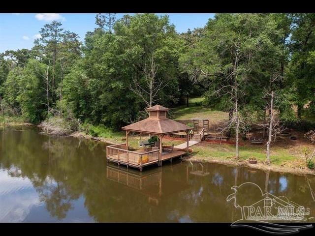 dock area featuring a water view and a gazebo