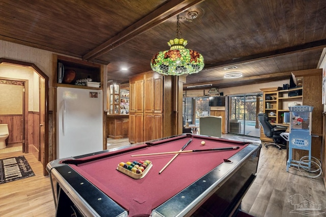 game room with billiards, beamed ceiling, wood finished floors, and wooden ceiling