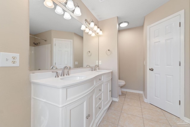 bathroom with walk in shower, vanity, toilet, and tile patterned flooring